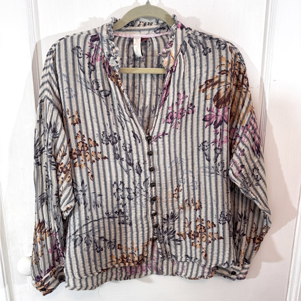 Pilcro Striped Floral Button-Front Blouse in Cream, Gray, Pink & Brown